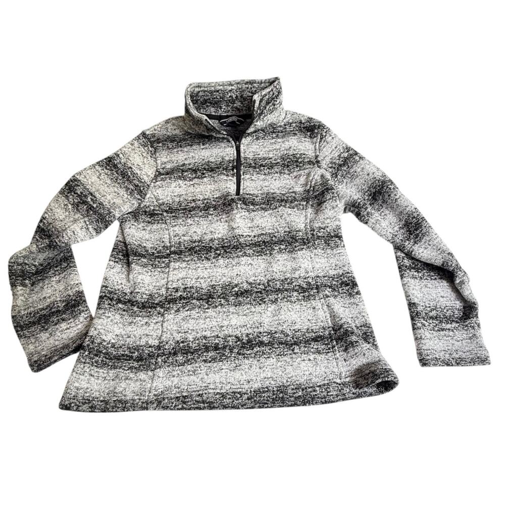 Lands End 1/4 Zip Black Gray Heather Stripe SWEATER Womens MED L Fleece Pullover